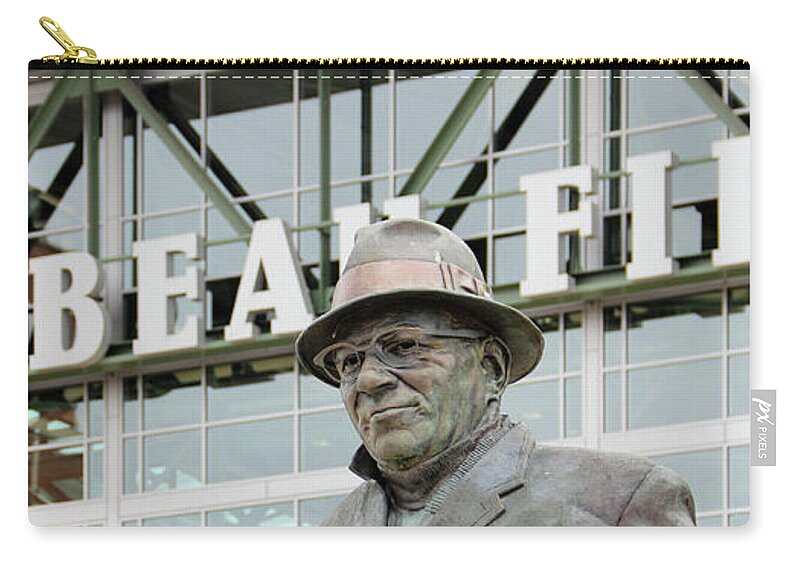 Vince Lombardi Statue Zip Pouch featuring the photograph Vince Lombardi Statue and Lambeau Field 4432 by Jack Schultz