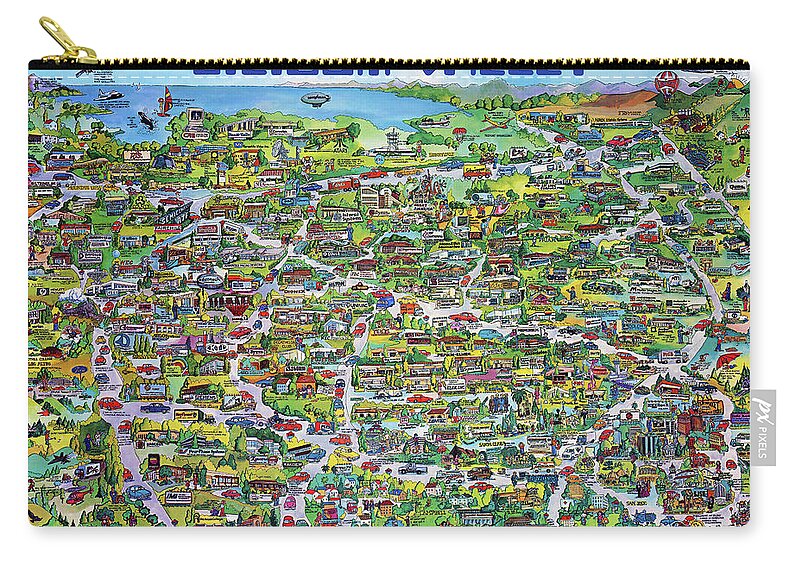 Silicon Valley Carry-all Pouch featuring the mixed media Vintage 1982 Silicon Valley USA Poster Print, Shows Many Historic Companies and Places by Kathy Anselmo