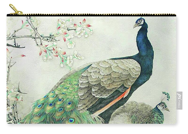 Vintage Carry-all Pouch featuring the painting Vintage Art - Pair of Peacocks in tree by Audrey Jeanne Roberts