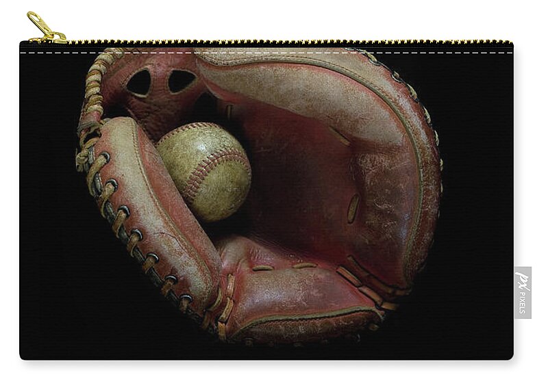 Two Objects Zip Pouch featuring the photograph Vintage Catchers Glove And Ball , Black by Chris Parsons