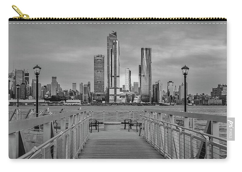 Nyc Skyline Zip Pouch featuring the photograph Walkway To The New York City Skyline BW by Susan Candelario