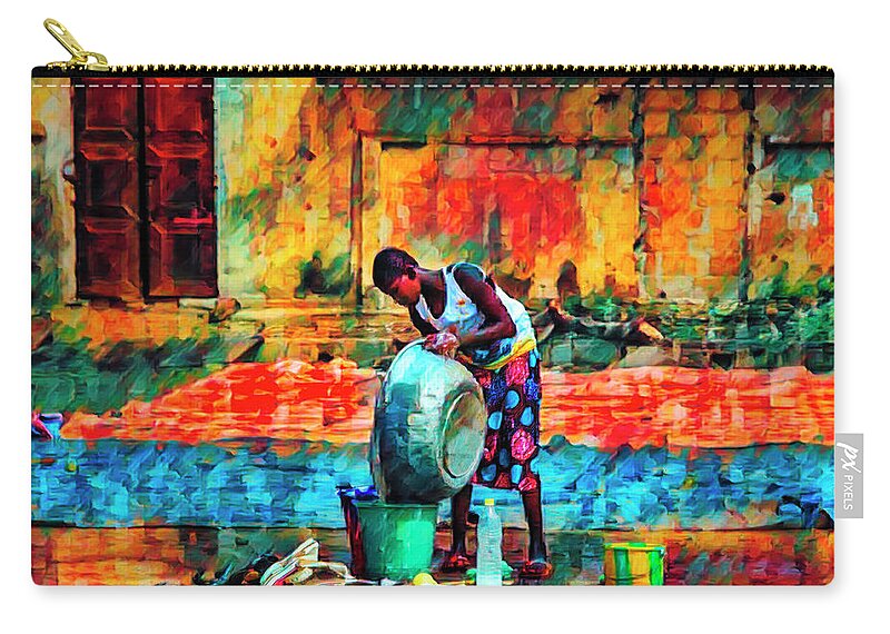 African Zip Pouch featuring the photograph Wash Day African Art by Debra and Dave Vanderlaan