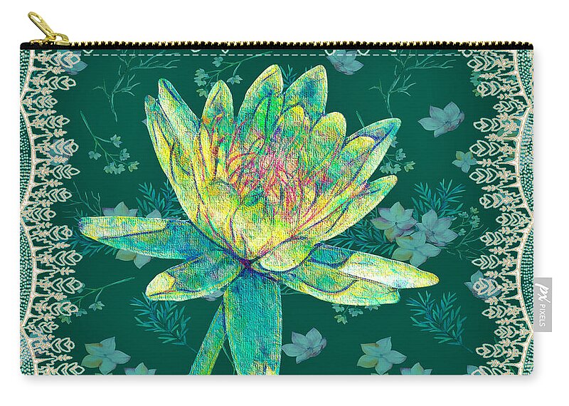 Water Lily Zip Pouch featuring the mixed media Water Lily and Lace by Rosalie Scanlon
