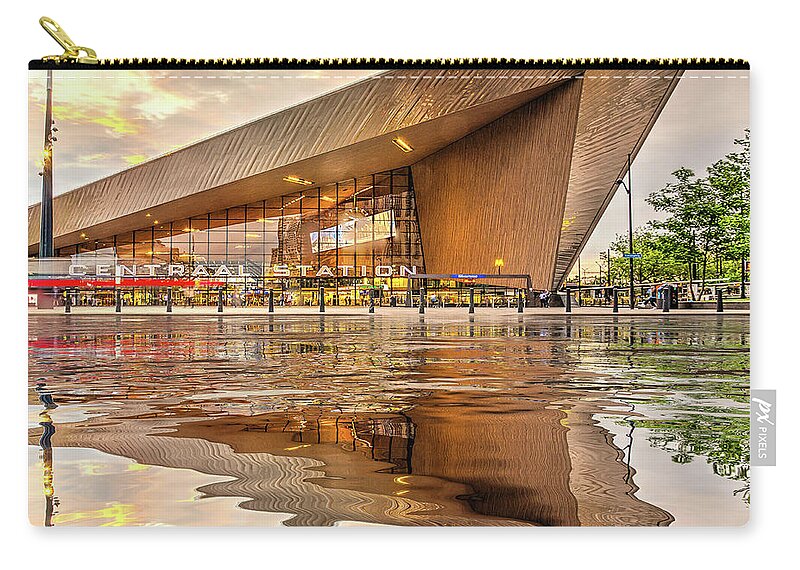 Architecture Zip Pouch featuring the digital art Water Reflection Central Station Rotterdam by Frans Blok