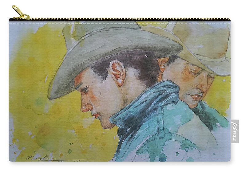 Waterolor Zip Pouch featuring the painting Watercolor portrait of cowboys #18125 by Hongtao Huang