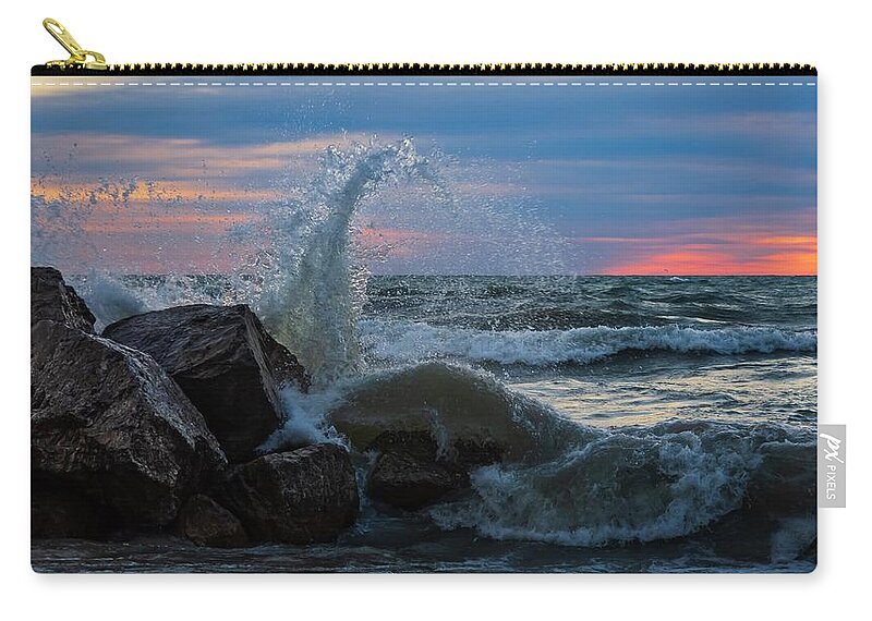 Lake Zip Pouch featuring the photograph Wave vs Rock by Terri Hart-Ellis