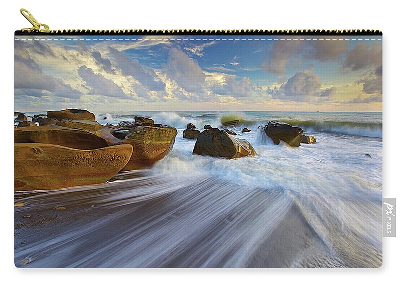 Tranquility Zip Pouch featuring the photograph Waves Crashing On Rocks by Sunrise@dawn Photography