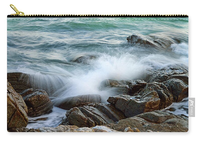 Water's Edge Zip Pouch featuring the photograph Waves Crashing On Rocky Shore, Long by Sami Sarkis