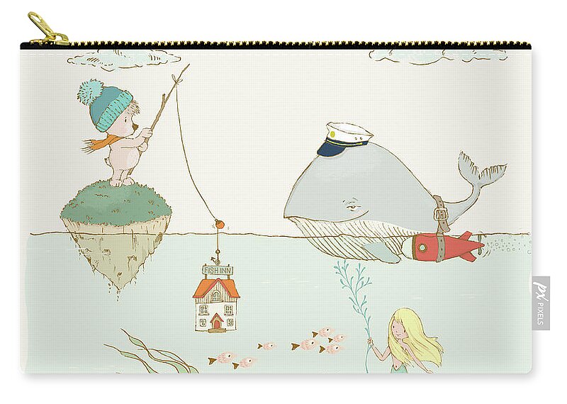 Whale Zip Pouch featuring the painting Whale and bear in the ocean whimsical art for kids by Matthias Hauser