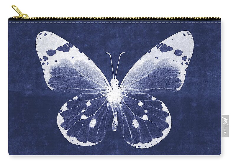 Butterfly White Blue Indigo Skeleton Butterfly Wings Modern Bohemianinsect Bug Garden Home Decorairbnb Decorliving Room Artbedroom Artcorporate Artset Designgallery Wallart By Linda Woodsart For Interior Designersgreeting Cardpillowtotehospitality Arthotel Artart Licensing Zip Pouch featuring the mixed media White and Indigo Butterfly 1- Art by Linda Woods by Linda Woods