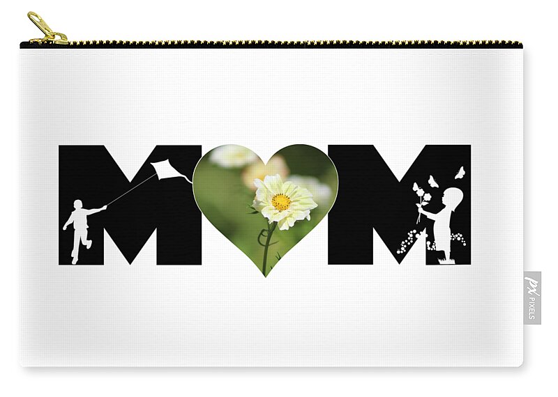 Mom Zip Pouch featuring the photograph White Cosmos in Heart with Little Girl and Boy MOM Big Letter by Colleen Cornelius