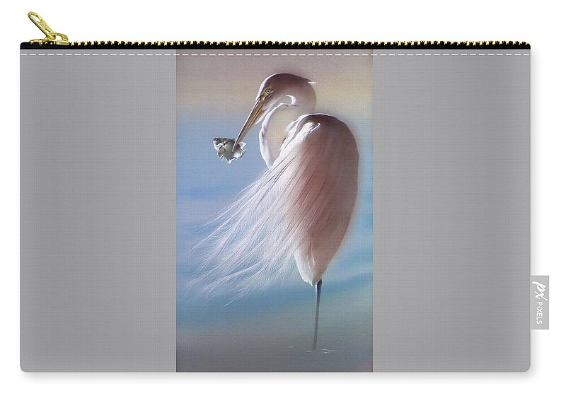 Russian Artists New Wave Zip Pouch featuring the painting White Heron with Fish by Alina Oseeva