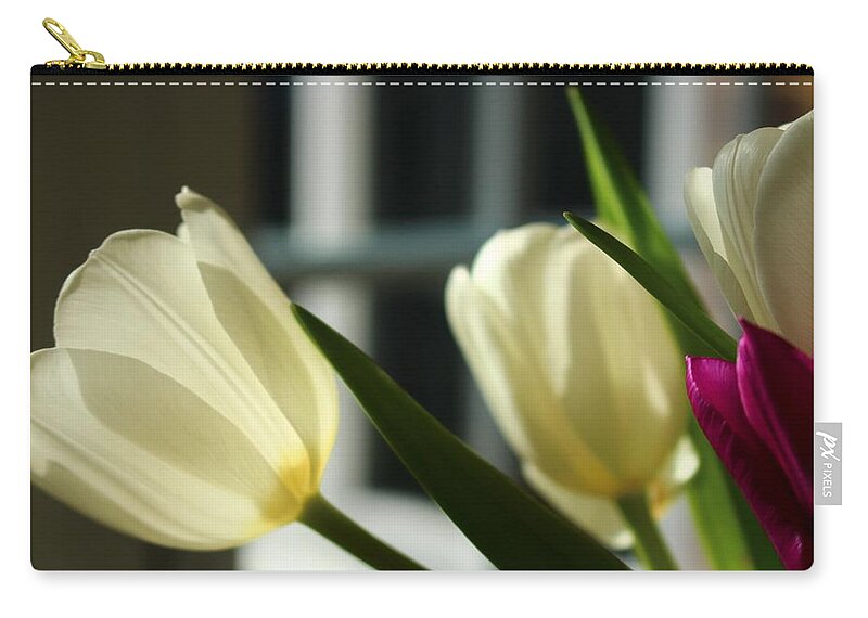 Tulip Zip Pouch featuring the photograph White Tulips By the Window by Loretta S