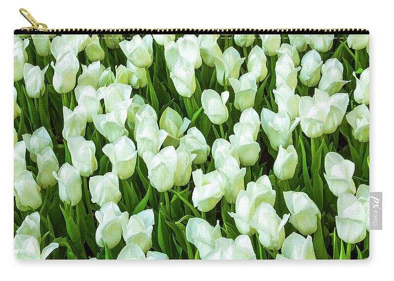 White Tulips On Green Carry-all Pouch featuring the photograph White Tulips on Green by Bonnie Follett