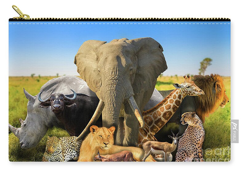 African Animals Zip Pouch featuring the photograph Wild african animals background by Benny Marty