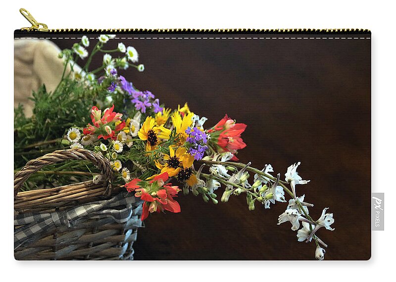 Nature Zip Pouch featuring the photograph Wildflowers in a Basket on Black by Sheila Brown