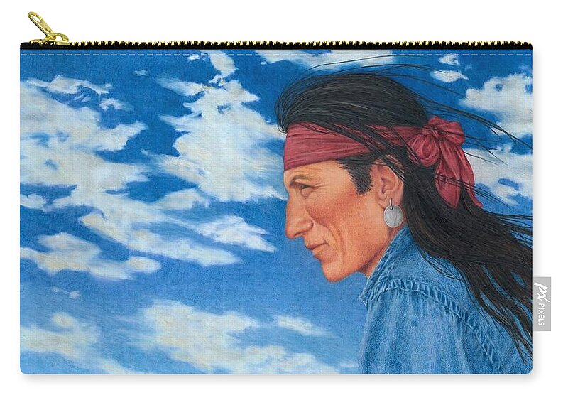 Native American Portrait. American Indian Portrait. Navajo Portrait. Carry-all Pouch featuring the painting Wind in His Hair by Valerie Evans