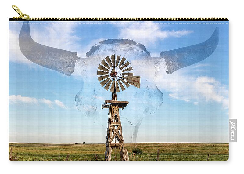 Kansas Zip Pouch featuring the photograph Windmill and Bison 004 by Rob Graham