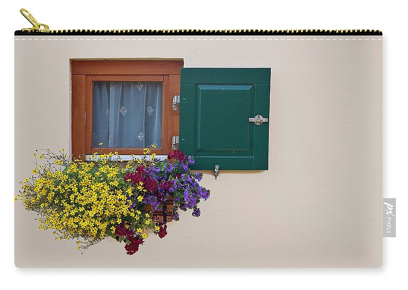 Outdoors Zip Pouch featuring the photograph Window With Flowers by Enzo D.