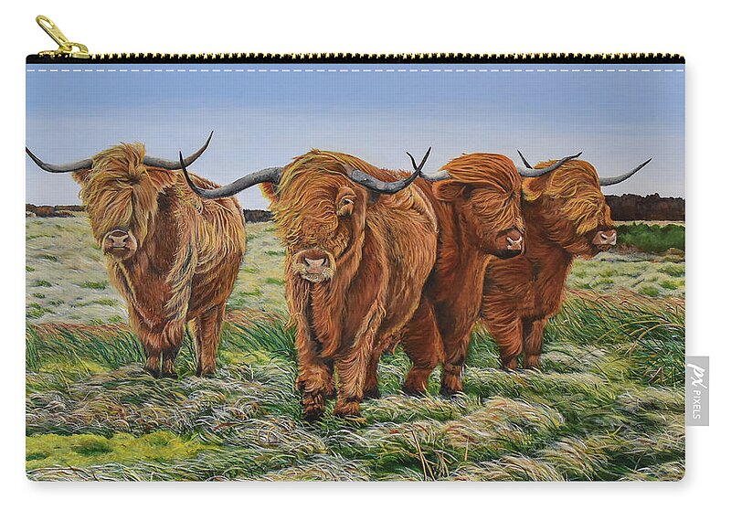 Cattle Zip Pouch featuring the painting Windswept Highland Cattle by Marilyn McNish