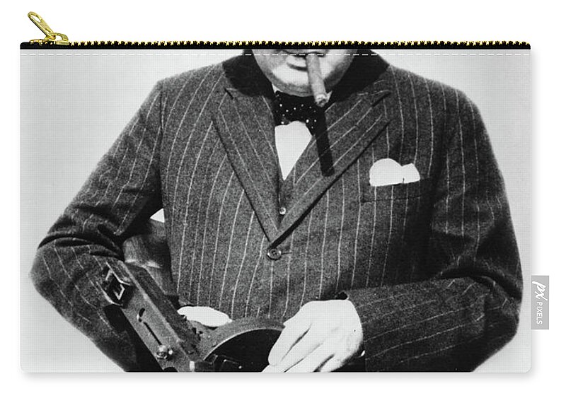 Winston Churchill Zip Pouch featuring the painting Winston Churchill with Tommy Gun by English School