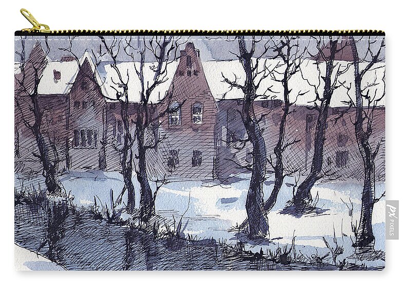Russian Artists New Wave Zip Pouch featuring the drawing Winter Bruges by Ina Petrashkevich