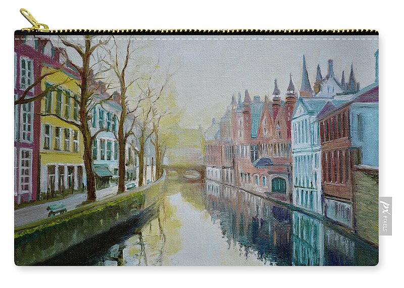 Belgium Zip Pouch featuring the painting Winter Evening in Bruges by Dai Wynn