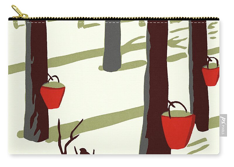 Bucket Zip Pouch featuring the drawing Winter Scene of Maple Trees Tapped for Sap by CSA Images