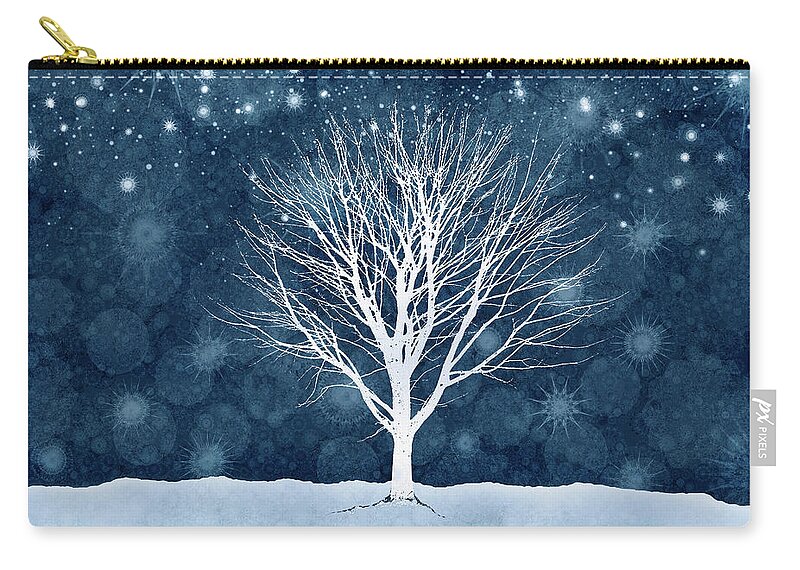 Snow Zip Pouch featuring the digital art Winter Tree Beneath A Starlit Sky by Andrew Bret Wallis