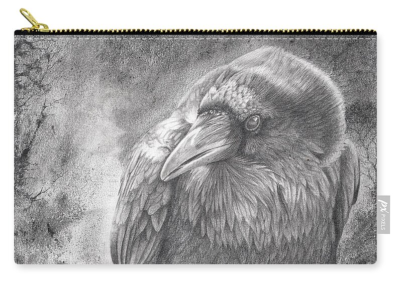 Raven Zip Pouch featuring the drawing Witness by Peter Williams