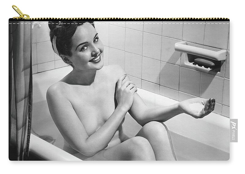 Human Arm Zip Pouch featuring the photograph Woman Bathing, B&w, Portrait by George Marks