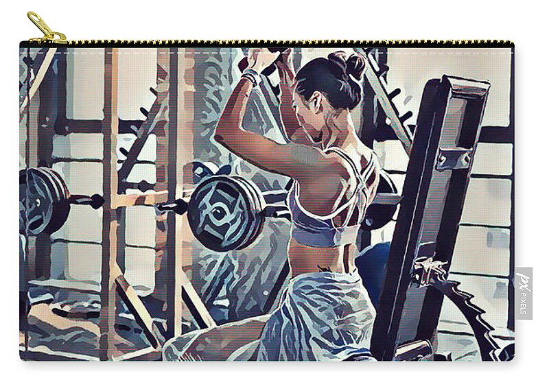 Woman Exercise Workout In Gym Fitness Zip Pouch featuring the painting Woman exercise workout in gym fitness by Jeelan Clark