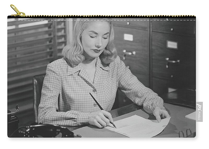 Corporate Business Zip Pouch featuring the photograph Woman Sitting At Desk, Writing Letter by George Marks