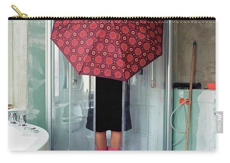 Sequential Series Zip Pouch featuring the photograph Woman Standing Under Umbrella In Shower by Silvia Otte