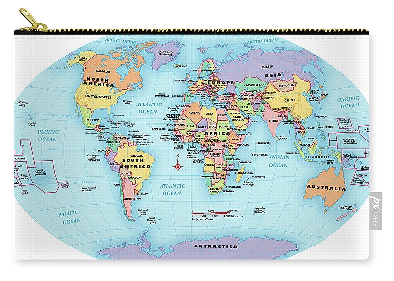 Horizontal Zip Pouch featuring the digital art World Map, Continent And Country Labels by Globe Turner, Llc