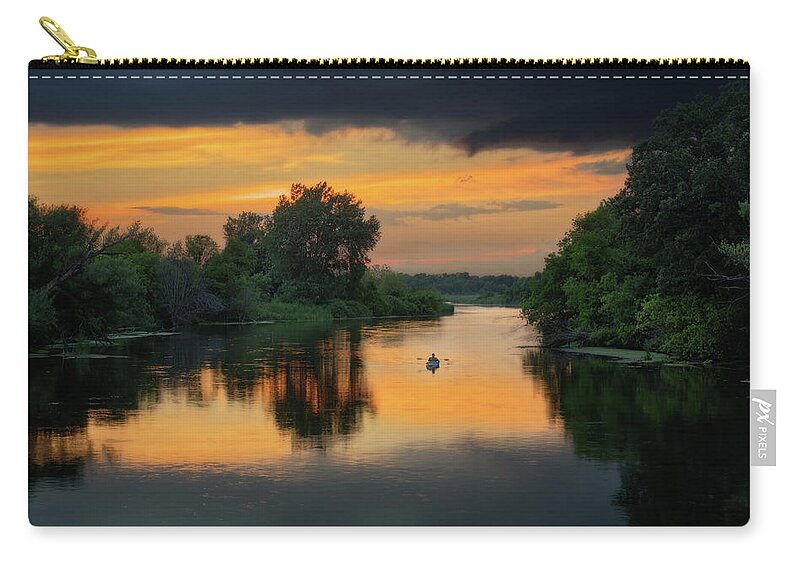Peter Herman Kayak Kayaking Canoeing Sunset River Yahara Wisconsin River Wi Water Rowing Paddling Symmetry Zip Pouch featuring the photograph Yahara Bliss - Lone kayak on yahara river at sunset in Stoughton WI by Peter Herman