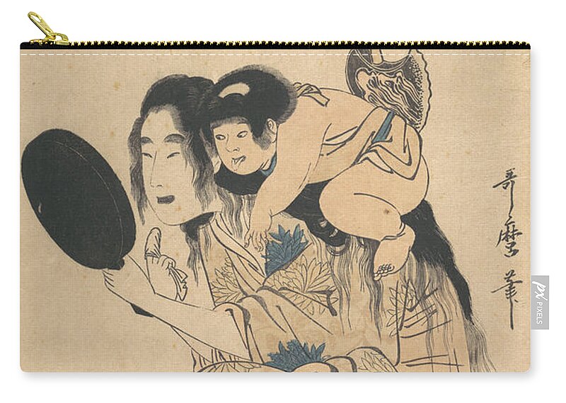 19th Century Art Zip Pouch featuring the drawing Yamauba blackening Her teeth and Kintoki by Kitagawa Utamaro