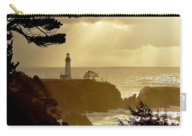 Yaquina Head Light House Zip Pouch featuring the photograph Yaquina Head Sunset by Gary Olsen-Hasek