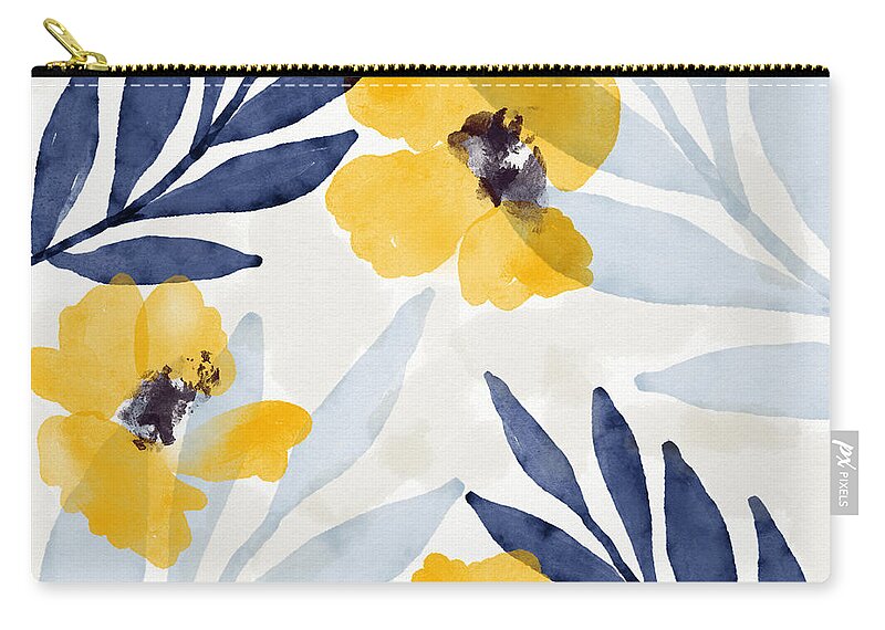 Flowers Carry-all Pouch featuring the mixed media Yellow and Navy 1- Floral Art by Linda Woods by Linda Woods