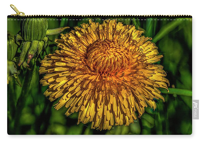 Dandelions Zip Pouch featuring the photograph Yellow and orange on dark green #i7 by Leif Sohlman