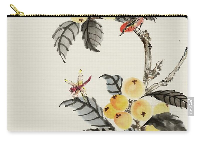 Chinese Watercolor Zip Pouch featuring the painting Bird and Dragonfly On the Loquat Tree by Jenny Sanders