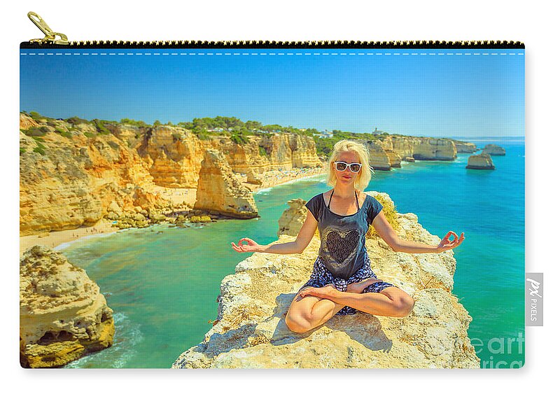 Portugal Zip Pouch featuring the photograph Yoga in Algarve coast by Benny Marty