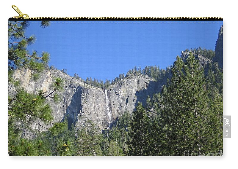 Yosemite Zip Pouch featuring the photograph Yosemite National Park Waterfall and Mountain Range with Trees in the Foreground by John Shiron