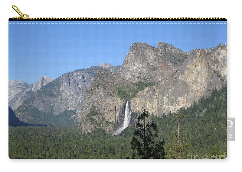 Yosemite Zip Pouch featuring the photograph Yosemite Valley Yosemite National Park Bridal Veil Falls and Half Dome A Panoramic View by John Shiron