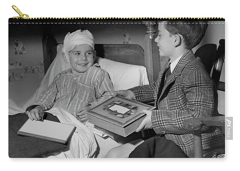 Child Zip Pouch featuring the photograph Young Boy Visiting Sick Friend by George Marks