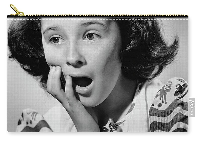 Child Zip Pouch featuring the photograph Young Girl Looking Shocked by George Marks