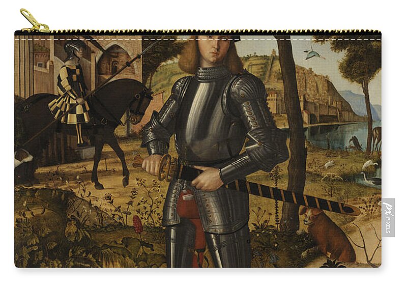 16th Century Zip Pouch featuring the painting Young Knight In A Landscape, 1510 by Vittore Carpaccio