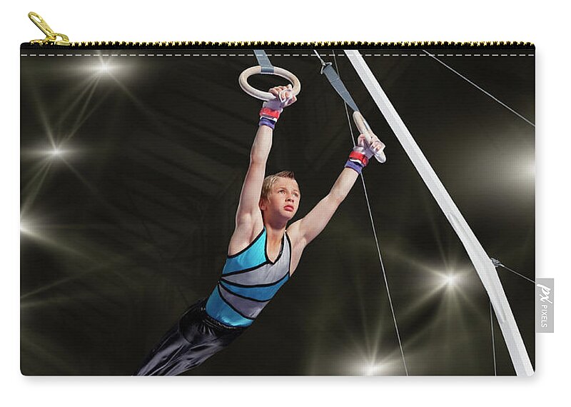Hanging Zip Pouch featuring the photograph Young Male Gymnast Performing Routine by Robert Decelis Ltd