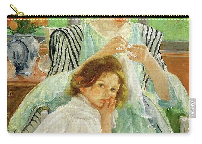 Mary Cassatt Zip Pouch featuring the painting Young mother sewing, 1901 Canvas,92,4 x 73,7 cm. by Mary Cassatt -1844-1926-
