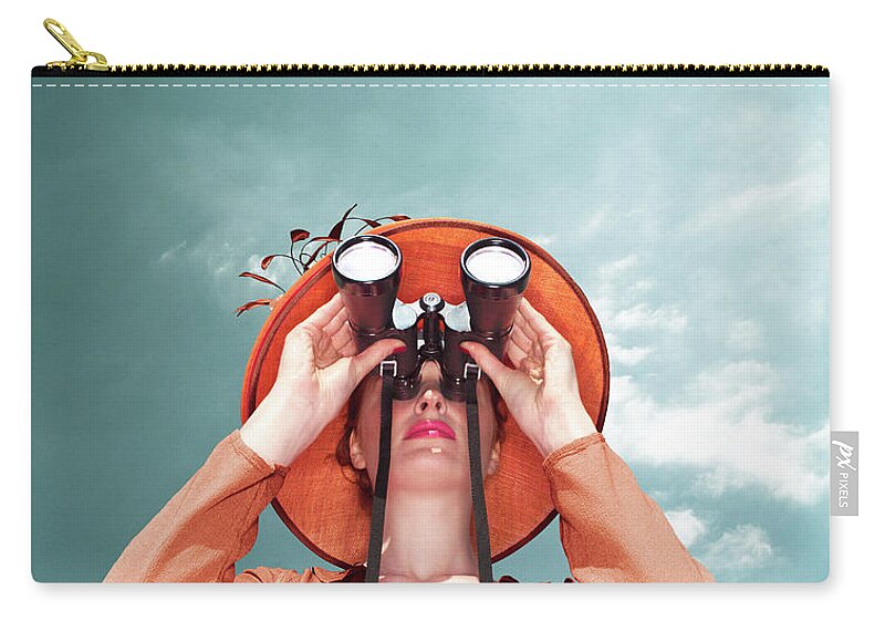 25-29 Years Zip Pouch featuring the photograph Young Woman Looking Through Binoculars by Gandee Vasan